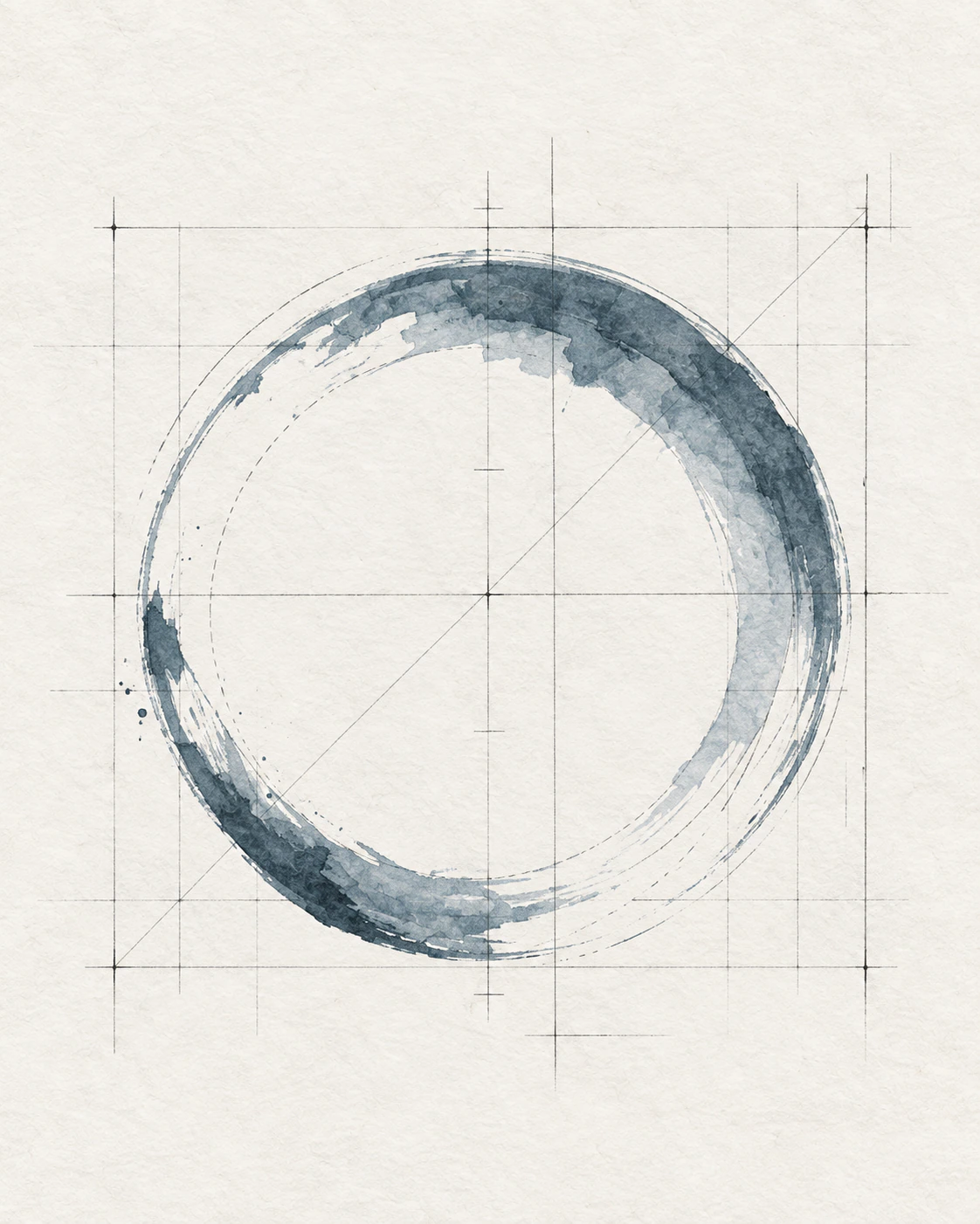Common Gravity artwork with circular watercolor form and drafting lines.