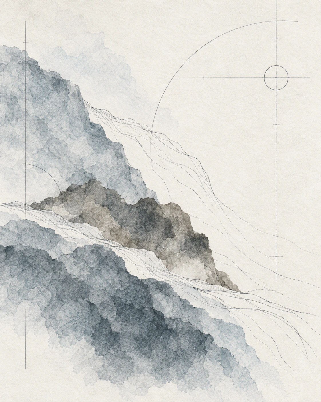 TERA Project artwork with abstract watercolor coastal form and drafting lines.